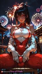 ai_generated brown_eyes brown_hair bulge bulge_through_clothing bulge_under_clothes eve_(stellar_blade) fireworks flaccid flaccid_penis futa_only futanari hair_ornament makeup manofmidas nipples_visible_through_clothing penis_bulge red_eyeshadow red_outfit smiling smiling_at_viewer stellar_blade white_gloves