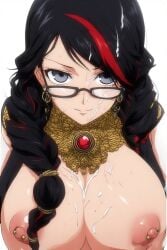 1girls ai ai_generated anime_style bayonetta_(character) bayonetta_3 big_breasts black_hair braids breasts close-up close_up cum cum_in_hair cum_on_breasts cum_on_face earrings female female_focus female_only glasses grey_eyes looking_at_viewer milf mole mole_under_mouth multicolored_hair nintendo nipple_piercings nipples pierced_nipples platinum_games quinzo11 self_upload white_background