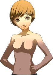 breasts brown_eyes female female female_only looking_at_viewer no_nipples nude official_art persona persona_4 satonaka_chie short_hair smile solo solo_female sprite tomboy