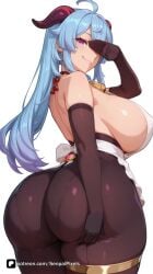 1girl ahoge ai_generated apron artist_name ass ass_grab bangs bare_shoulders bell black_gloves blue_hair blush breasts covered_nipples cowbell elbow_gloves from_behind ganyu_(genshin_impact) genshin_impact gloves goat_horns grabbing_own_ass horns hoyoverse huge_ass huge_breasts large_breasts long_hair looking_at_viewer looking_back mihoyo neck_bell pantyhose parted_lips patreon purple_eyes questionable senpai_pixels sideboob simple_background smile solo thick_thighs thighs vision_(genshin_impact) white_background