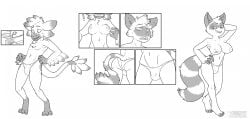 anthro ass avali breast_growth breasts bulge canid canine clothed clothing comic cursed_clothing cursed_underwear digital_media_(artwork) digitigrade facial_markings growth gynomorph head_markings hi_res intersex jade_(madmilk) mammal markings mask_(marking) mind_control navel nipples prurientpie raccoon_dog rii_(madmilk) smile solo species_transformation spiral spiral_eyes standing surprised tail tanuki topless trans_(lore) trans_woman_(lore) transformation twinning