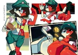 abstract abstract_art abstract_character ass black_hair coin coins cute cyan_body cyan_skin disabledfetus dream_bbq ena ena_(dream_bbq) ena_(series) female floating_head floating_limbs hat light_blue_skin light_yellow_body looking_at_viewer military_cap military_hat multicolored_body pale_skin polygonal pussy red_body red_skin saleslady two_tone_body unknown_species white_body yellowish_skin