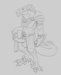 abs aduran anthro armor balls beard big_penis body_hair chest_hair claws dinosaur dromaeosaurid erection facial_hair foreskin full-length_portrait genitals head_feathers hi_res humanoid_genitalia humanoid_penis male male_anthro monochrome mostly_nude mouth_closed muscular muscular_anthro muscular_male narrowed_eyes pecs penis portrait prehistoric_species pubes reptile scalie simple_background solo spiritraptor_(character) standing theropod uncircumcised vein veiny_penis