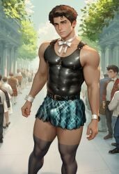 ai_generated ass ass belt big_ass big_butt black_tank_top black_thighhighs blue_skirt bow bow_ribbon boy bracelet brown_hair bubble_ass bubble_butt bulge closed_mouth day hazel_eyes latex leather_tank_top looking_at_viewer male necklace outdoors party plaid_skirt pleated_skirt plump_ass round_ass round_butt skin_tight skirt sky stockings tallcallipygian tank_top tcallipygian thick_thighs thighhighs thighs watch white_bow