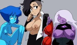 3girls amethyst_(steven_universe) bangs black_eyes black_hair blue_body blue_eyes blue_hair blue_nipples blue_skin bra breasts breasts_out casual casual_nudity character_request closed_mouth clothing collared_shirt colored_nipples colored_skin coolerinker copyright_request crossover dark_nipples earrings female gem gem_(species) hair_over_one_eye half-closed_eyes head_rest huge_breasts inker_comics inkershike jacket jewelry knee_up lapis_lazuli_(steven_universe) large_breasts long_hair looking_at_another looking_at_viewer multiple_girls navel nipples nude open_clothes purple_body purple_nipples purple_skin red_bra removing_bra shirt short_hair sitting source_request steven_universe white_hair white_shirt