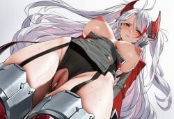 ai_generated azur_lane blush breasts close_up crotchless embarrassed exposed_breasts exposed_pussy face_blush female female female_focus female_only female_solo from_below large_breasts long_hair nipples prinz_eugen_(azur_lane) pussy pussy_cutout pussy_juice pussy_juice_drip pussy_juice_trail serious simple_background solo_female spread_legs standing thick_thighs thighhighs white_hair yellow_eyes