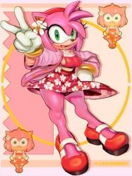 absurdres alternate_costume amy_rose animal_ears animal_nose blush body_fur bracelet breasts calves cashumeru chibi cleavage dot_nose dress female floral_print flower full_body furry furry_female gloves green_eyes hair_flower hair_ornament hairband hand_on_own_hip happy hedgehog_girl high_heels highres jacket jewelry legs looking_at_viewer open_clothes open_jacket open_mouth pink_dress pink_fur pink_hair pink_jacket red_dress red_hairband shoes sideboob smile solo sonic_(series) standing sundress tail v white_gloves