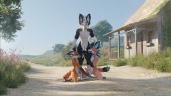 3d_(artwork) absurd_res anthro ball_grab balls canid canine digital_media_(artwork) femboy flaccid fox genitals group half-erect hi_res horn lagomorph male male/male mammal outside penis rabbid_foulfellow_(sanythefox) sany_van_fox sanythefox sol_heylyn_(sanythefox) trio vrchat_model wings wolpertinger