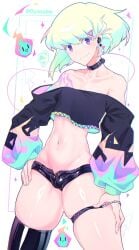 1boy bulge clothing collar crossdressing femboy lio_fotia looking_at_viewer male midriff minishorts oyasaiiis promare skinny slim_male slim_waist thick_thighs twink