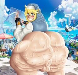 alucard_belmont back_view backsack balls bbw blonde_female blonde_hair blue_eyes blushed_face bottomless bridget chubby chubby_female fat_ass fat_butt fat_female fat_girl female flustered guilty_gear guilty_gear_strive hoodie hoodie_only looking_at_viewer looking_back looking_back_at_viewer male male_to_female plump plump_ass plump_thighs sexy_pose smiling smiling_at_viewer squatting suggestive_gesture sweat sweating sweaty sweaty_ass sweaty_body sweaty_butt trans_woman transfem