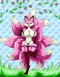 9_tails anthro balancing big_breasts breasts canid canine clothing female fox g-string garter_straps grass happy legwear luite mammal milk-jug multi_tail pink_body plant solo stockings tail thick_thighs underwear