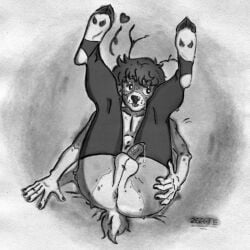 1:1 2025 2gr-fe_(artist) anthro antlers anus ass balls big_butt blep blush blush_lines bodily_fluids clothing dark_hair dark_legwear deer digital_drawing_(artwork) digital_media_(artwork) dripping femboy flaccid fur genital_fluids genitals greyscale hair hand_on_butt hand_on_own_butt heart_symbol hi_res hooves horn humanoid_genitalia humanoid_penis inviting legs_up legwear looking_aside lying male mammal messy_hair monochrome multicolored_body multicolored_fur new_world_deer nude on_back penis precum precum_drip presenting presenting_hindquarters reindeer scut_tail short_tail simple_background solo tail thick_thighs thigh_highs tongue tongue_out two_tone_body two_tone_fur