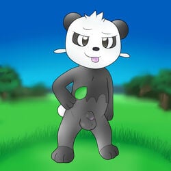 1boy 2013 balls bear black_eyes fur leaf looking_at_viewer male male_only nintendo pancham panda penis pokemon smile solo video_games zekromlover