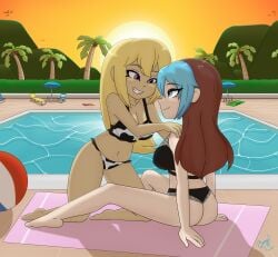 bageloftime bikini commission lesbian_couple mana midnightsnacc33 mira_cordelia original_character patreon poolside romantic sunset swimsuit vacation yu-gi-oh! yugioh_oc yuri