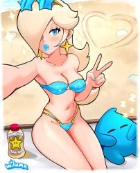 1girls alternate_version_available asleep beach big_lips bikini bikini_bottom bikini_top bimbo bimbo_lips blonde_hair blue_bikini blue_eyes blue_lips blue_lipstick blue_nail_polish blue_nails blush bottle bottomwear ear_piercing earrings female female_focus hair hair_over_one_eye half-closed_eyes headwear heart hips lips lipstick long_hair luma mario_(series) nail_polish nails nintendo parted_lips peace_sign princess_rosalina selfie side-tie_bikini sleeping sparkles star sunglasses sunglasses_on_head swimwear thick_lips thighs topwear wide_hips wiluma zzz