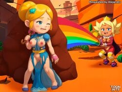 2girls ai_generated bbmbbf blush brawl_stars breasts female female_only mandy_(brawl_stars) nipples one_eye_closed open_mouth palcomix piper_(brawl_stars) pussy supercell teeth tongue toon.wtf