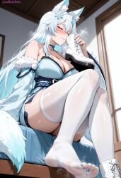 1girls absurd_res ai_generated aqua_eyes bedroom big_breasts blush blush_lines breasts closed_eyes curvy curvy_figure embarrassed female fox fox_ears fox_girl fox_tail high_resolution highres ice indoors lewdcreationsai light-skinned_female light_skin sexually_suggestive shoes_off smelling smelling_own_shoe smelling_shoes smugalana solo stable_diffusion steam steaming_body steamy_breath sweat sweatdrop sweating sweaty tagme thick thick_legs thick_thighs thighs unworn_shoes vtuber wavy_mouth white_hair