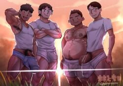 4boys absurd_res armpit_hair armpits arms_up artist_name beard_stubble biceps big_areola big_head big_penis black_eyes blush boku_no_natsuyasumi boxers briefs brown_hair chest_hair chubby crossed_arms dad_bod dadbod daddy dark_penis dilf excessive_pubic_hair flaccid gay genital_outline genta_arase glasses grass group hairy half-erect hand_behind_head happy_trail height_difference hi_res huge_areolae huge_cock jewelry leg_hair long_penis looking_at_viewer male male_only married mature_male mottirimoto muscles muscular muscular_arms muscular_legs muscular_male muscular_thighs nipple_hair no_sclera orange_sky outdoors pantsless pecs penis penis_bigger_than_head penis_peek penis_size_difference pubic_hair quadriceps ring short_hair sideburns size_difference sky slim small_pupils smile smirk standing sunlight sunset takeru_yoshimoto tan tan_body tank_top tanline thick_eyebrows thick_penis topless triceps veiny_penis very_high_resolution white_t-shirt yaoi yukio_shimanami yusaku_sorano