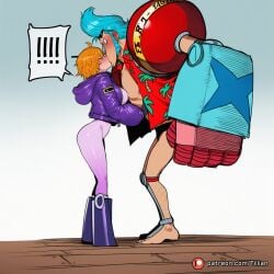 ! !! 1boy ahoge ai_generated artist_name blue_hair blush bodysuit boots breasts female franky_(one_piece) from_side full_body gradient_background hawaiian_shirt height_difference hood hood_down hooded_jacket hoodie jacket kissing large_breasts looking_at_another one_piece open_clothes open_jacket open_shirt orange_hair patreon_logo patreon_username shirt short_hair size_difference spoken_exclamation_mark standing straight sunglasses surprise_kiss surprised tillian vegapunk_lilith web_address