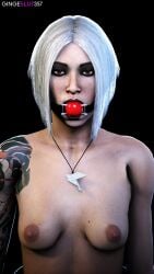 1girls 3d asian asian_female ball_gag breasts brown_eyes female gag gagged gingeslut357 hitman nipples small_breasts solo tattoo white_hair yuki_yamazaki