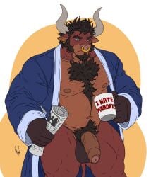anthro balls beard beverage black_hair body_hair bovid bovine cattle chest_hair clothing coffee coffee_mug ear_piercing facial_hair facial_piercing foreskin genitals grumpy hair hairy hi_res horn hunterramirez male mammal muscular muscular_anthro muscular_male muscular_thighs newspaper nose_piercing nude pecs penis piercing robe simple_background solo uncircumcised