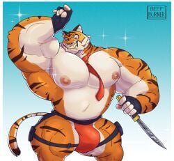 2024 absurd_res anthro areola barazoku beefburner belly biceps big_bulge big_muscles blue_background border bulge clothed clothing epic_games eyebrows felid fingerless_gloves fortnite fur gloves gradient_background handwear hi_res holding_knife holding_object huge_bulge huge_muscles jockstrap knife legband male mammal musclegut muscular muscular_anthro muscular_male narrowed_eyes navel necktie nipples notched_ear obliques oscar_(fortnite) pantherine pecs quads scar signature simple_background smile smirk solo sparkles standing teeth thick_arms thick_thighs tiger topless topless_anthro topless_male tuft underwear white_background white_border