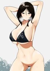 armpits arms_up bikini black_hair blue_eyes bottomless breasts cleavage cum cum_on_breasts cum_on_clothes female girls_und_panzer large_breasts looking_at_viewer mochi_(mochiokomet) navel nonna_(girls_und_panzer) pubic_hair shita_(yagisauce_07) solo steaming_body sweat