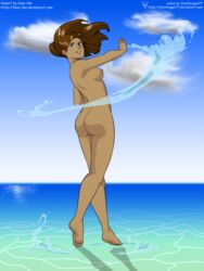 1girls ass avatar_legends blue-ten_(artist) blue_eyes breasts brown_hair dark-skinned_female dark_skin female female_only full-length_portrait full_length human korra nude portrait small_breasts smile solo standing stardragon77 straight_hair the_avatar the_legend_of_korra water water_tribe