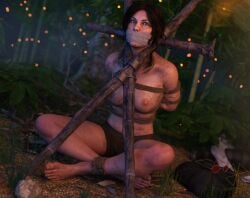 1girls 3d bondage breasts brown_hair captured captured_heroine dirt dirty female gag gagged lara_croft lara_croft_(survivor) nipples rope solo spm_fx tied_up tomb_raider tomb_raider_(survivor)