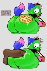 anthro ass balls balls_size_difference big_balls big_butt big_penis black_penis bodily_fluids bottomless breaking_bad clothed clothing colored cum cum_on_butt delivery_(commerce) delivery_employee digital_drawing_(artwork) digital_media_(artwork) domestic_cat drawpile_(artwork) erection felid feline felis food fungus genital_fluids genitals green_body headgear headwear kevin_(nyanwolf) looking_back male mammal multicolored_body mushroom open_mouth penis penis_size_difference pepperoni pizza precum shirt solo sweat tail teeth tongue topwear zlut385