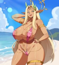 beach big_ass big_breasts big_butt big_nipples big_thighs big_titties bikini breasts clothing commission curvaceous curvaceous_female curvaceous_figure curvy curvy_figure curvy_hips elf_ears elf_female elf_girl female female_focus female_only long_hair original original_character wozzu1 yellow_hair