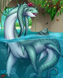 animal_genitalia bodily_fluids cloaca dinosaur female feral flower genitals hi_res marine nude outside plant prehistoric_species reptile scalie smile solo tail teeth the_crab_mage water