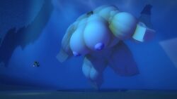 1boy 1girls big_muscles breasts cuteskyler female giant_breasts giantess male minecraft mojang muscles nude ripped shark_girl steve_(minecraft) underwater
