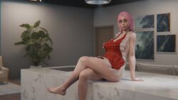 1girls 3d apron apron_only big_breasts blacksheepovca blue_eyes breasts counter countertop family_rules female female_only hadaka_apron hourglass_figure human large_breasts light-skinned_female light_skin looking_at_viewer naked_apron nancy_(blacksheepovca) pink_hair sitting sitting_on_counter