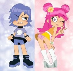 2025 2girls ami_onuki blue_hair blush blush boots cartoon_network choker dress duo flashing flower flower_in_hair hair_over_one_eye hi_hi_puffy_amiyumi human mindgasmyt pink_hair pussy pussy_visible_through_panties sharp_teeth tongue tongue_out upskirt v wink winking_at_viewer yumi_yoshimura