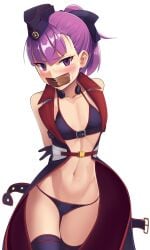 absurdres arms_behind_back bare_shoulders bikini black_bikini black_bow black_gloves black_hat black_thighhighs blush bondage bondage bound bow buckle cad_(caddo) collarbone covered_mouth cowboy_shot fate/grand_order fate_(series) female female_focus flat_chest gag gagged garrison_cap gloves hairbow hat helena_blavatsky_(fate) helena_blavatsky_(swimsuit_archer)_(third_ascension)_(fate) highres improvised_gag kaddo navel open_clothes ponytail purple_eyes purple_hair short_hair simple_background solo stomach string_bikini swimsuit tape tape_gag tears thigh_gap thighhighs transparent_background v-shaped_eyebrows venus_symbol white_background