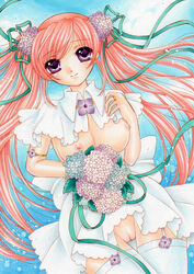 breasts female flower long_hair looking_at_viewer mocomoco_party nipples no_panties original pink_hair purple_eyes pussy smile solo thighhighs tied_hair twintails uncensored wedding_dress