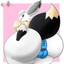 1:1 2021 absurd_res ambiguous_gender anthro ass balls bedroom_eyes big_butt black_tail chest_fur cirothicc digital_drawing_(artwork) digital_media_(artwork) disembodied_penis duo eevee fur generation_1_pokemon genitals hand_on_butt hi_res hot_dogging huge_butt hyper hyper_butt looking_at_viewer looking_back looking_back_at_viewer male narrowed_eyes nintendo penis pink_background pokemon pokemon_(species) seductive sex simple_background solo tail thick_thighs white_body white_fur