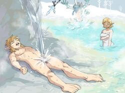 1boy 1girls bath_towel breath_of_the_wild cfnm clothed_female_nude_male feet female golden_kamuy hotsprings link lizalfos male male_focus monbetsu_kuniharu naked naked_male nintendo nude nude_male only_one_naked the_legend_of_zelda water waterfall waterfall_shower