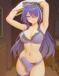 1futa 2025 acheron_(honkai:_star_rail) ai_generated artist_name blurry blurry_background blurry_foreground blush bra breasts bulge bust chest cock depth_of_field dick earrings erection futanari hair_over_one_eye hi_res high_quality high_resolution highres honkai:_star_rail honkai_(series) jewelry long_hair male male_focus navel novalust open_mouth panties patreon patreon_username penis purple_bra purple_eyes purple_hair purple_panties solo stable_diffusion testicles underwear watermark