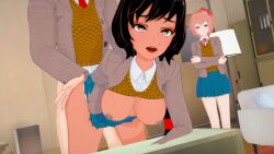 18yo 2girls1boy 3d against_desk arab_female arabic_female arms_crossed black_hair blue_eyes braid braided_hair breasts brown_eyes brown_female clubroom coral_pink_hair desk_sex doki_doki_literature_club edit edited eyes_rolling_back faceless_male female fucked_from_behind fully_clothed half_clothed hot_girl implied_penetration interracial japanese_female koikatsu loving_it male medium_breasts middle_eastern_female moaning_girl moaning_in_pleasure original_character proud_face sayori_(doki_doki_literature_club) smug_expression taken_from_behind teenage_girl teenage_girls teenage_sex teenage_tits teenagers thrusting_forward watching_sex yazmine_(doki_doki_literature_club)
