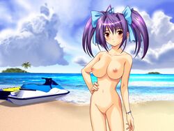 beach blush breasts cloud female gakkou_mizugi hair_ribbon island jet_ski jetski large_breasts mound_of_venus navel nipples no_pussy nude ocean omitted_bits orange_eyes purple_hair ribbon smile solo standing tachibana_nanami thigh_gap thighs tied_hair toes twintails wristband