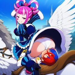 1boy ai_generated alear_(fire_emblem) alear_(fire_emblem)_(male) ass blue_hair cameltoe dress facesitting female fire_emblem fire_emblem_engage from_behind grin hair_loops horse hortensia_(fire_emblem) long_hair looking_back looking_down multicolored_hair naughty_face panties pegasus pink_eyes pink_hair red_hair short_hair smile thighhighs