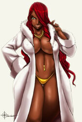 cleavage coat dark-skinned_female dark_skin ella_(osmar-shotgun) female green_eyes hair_over_one_eye navel_piercing necklace osmar-shotgun piercing very_long_hair