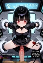 1boy 1girls ai_generated black_hair blush bondage bottomless bound bound_ankles bound_arms bound_legs bound_wrists captured cleavage clenched_teeth dress dress_lift english english_text female forced goth goth_girl hime_cut imminent_penetration imminent_rape leg_tattoo no_panties penis pussy pussy_juice rape rasilinai red_eyes spread_arms spread_legs stable_diffusion stationary_restraints sweat tagme tattoo text thigh_tattoo
