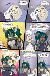 absurd_res anthro aroused bat blush breast_grab breast_growth breasts canid canine canis comic drayven_(uberquest) drayven_alder english_text erection female growth hand_on_breast hi_res humor implied_erection magic_user male mammal morning_sex morning_wood necromancer phuufy prince royalty small_breasts text trans_(lore) uberquest valmont_(uberquest) valmont_barlowe wolf