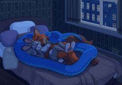 anthro bed blue_body breasts canid canine closed_eyes cuddling detailed_background digital_media_(artwork) disney female feral fox fur furniture gary_de'snake grey_body grey_fur group hi_res hug inside judy_hopps lagomorph leporid lying male male/female male/male mammal nick_wilde night nude orange_body orange_fur rabbit reptile sammfeatblueheart scalie sleeping snake tail trio window zootopia