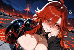 1girl ai_assisted ai_generated ass bangs bent_over blush bodysuit breasts cleavage closed_mouth curvaceous curvy curvy_female curvy_figure eyebrows_visible_through_hair female genshin_impact hair_between_eyes long_hair looking_at_viewer mavuika_(genshin_impact) miyuai red_eyes red_hair sky solo sweat thick thick_ass thick_butt thick_hips thick_legs thick_thighs voluptuous voluptuous_female watermark wide_hips wide_thighs
