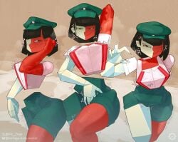 abstract abstract_art abstract_character black_hair cyan_body cyan_skin dream_bbq ena ena_(dream_bbq) ena_(series) female hat horny horny_female light_blue_skin light_yellow_body looking_at_viewer military_cap military_hat mr_fuga mrfuga multicolored_body pale_skin polygonal red_body red_skin saleslady smile smiling smiling_at_viewer sweat sweating touching touching_self two_tone_body unknown_species white_body yellowish_skin