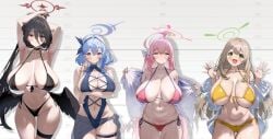 4girls ahoge ako_(blue_archive) alternate_costume bikini bikini_under_clothes black_bikini black_choker black_hair black_wings blue_archive blue_eyes blue_hair bow bow_hairband braid breasts brown_hair choker cleavage collarbone cross_halo feathered_wings female front-tie_top green_eyes hair_between_eyes hair_bun hairband hairbow halo hanako_(blue_archive) hanako_(swimsuit)_(blue_archive) hasumi_(blue_archive) hasumi_(swimsuit)_(blue_archive) height_chart height_mark highleg highleg_bikini highres huge_breasts large_areolae large_breasts lineup long_hair long_hair_between_eyes long_sleeves low_wings multiple_girls navel nipples nonomi_(blue_archive) nonomi_(swimsuit)_(blue_archive) official_alternate_costume official_alternate_hairstyle open_mouth oversized_clothes oversized_shirt oversized_wings pink_hair pink_halo red_eyes red_halo sakusakusakurai shirt side-tie_bikini_bottom swimsuit white_shirt wings yellow_bikini